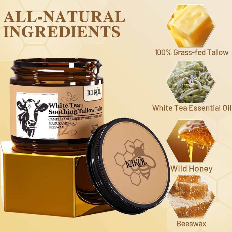 ICIKOL White Tea Grass-Fed Beef Tallow Balm for Men - Whipped Tallow Face Moisturizer & Beard Balm with Manuka Honey - Natural After Shave Care for Dry & Sensitive Skin, 2.1 oz