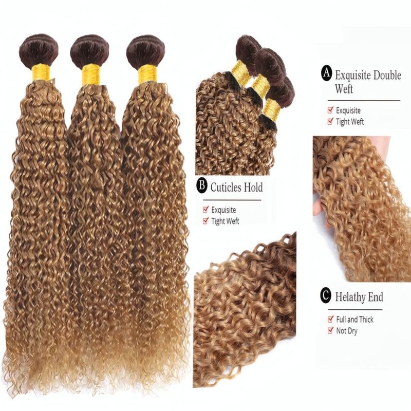 Honey Blonde Kinky Curly Hair Bundles - 3 Pack Brazilian Virgin Hair Weave | Ombre Dark Brown, 10-12-14 Inch