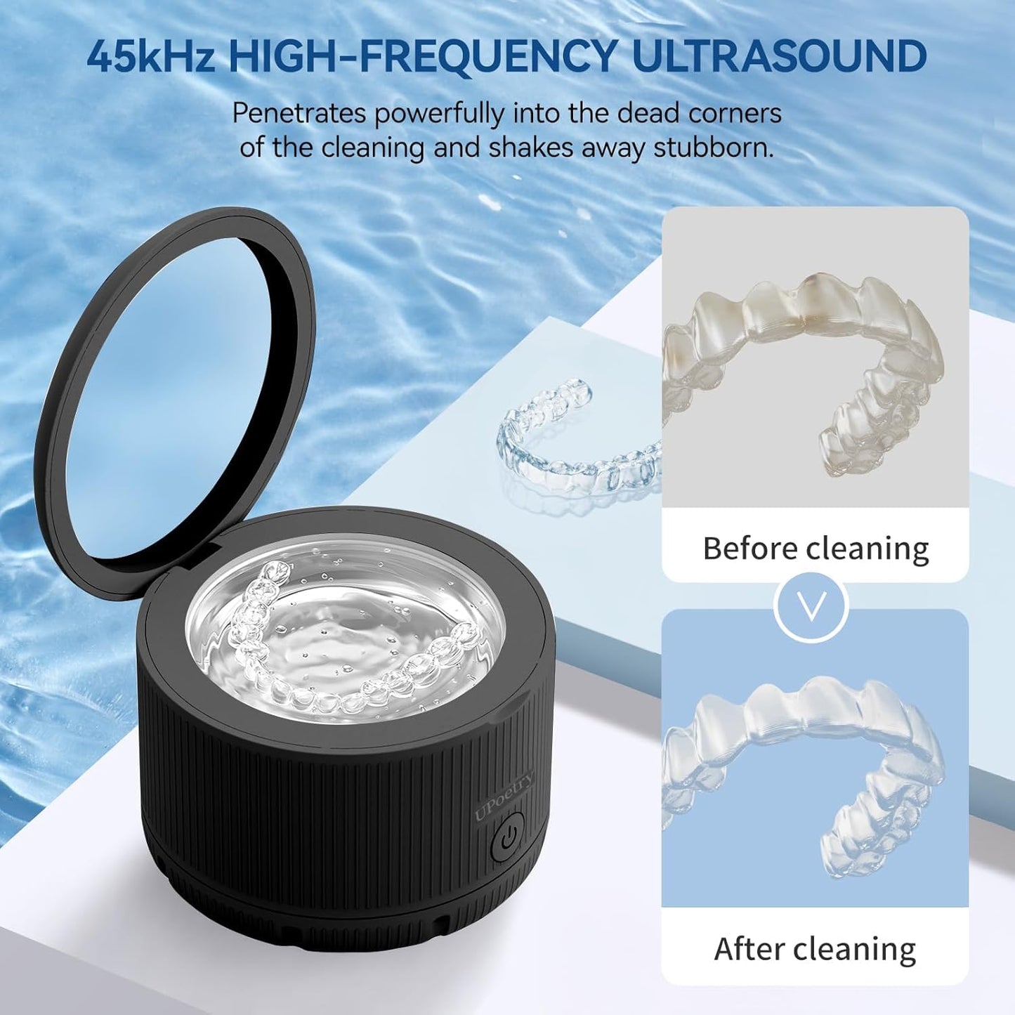 UPoetry Ultrasonic Retainer Cleaner - Dental Cleaning Pod for Braces, Dentures, Pacifiers, Mouth Guards, Jewelry & Toothbrush Heads, 150ml Portable Cleaning Machine (Without 12pcs Tablets Black)