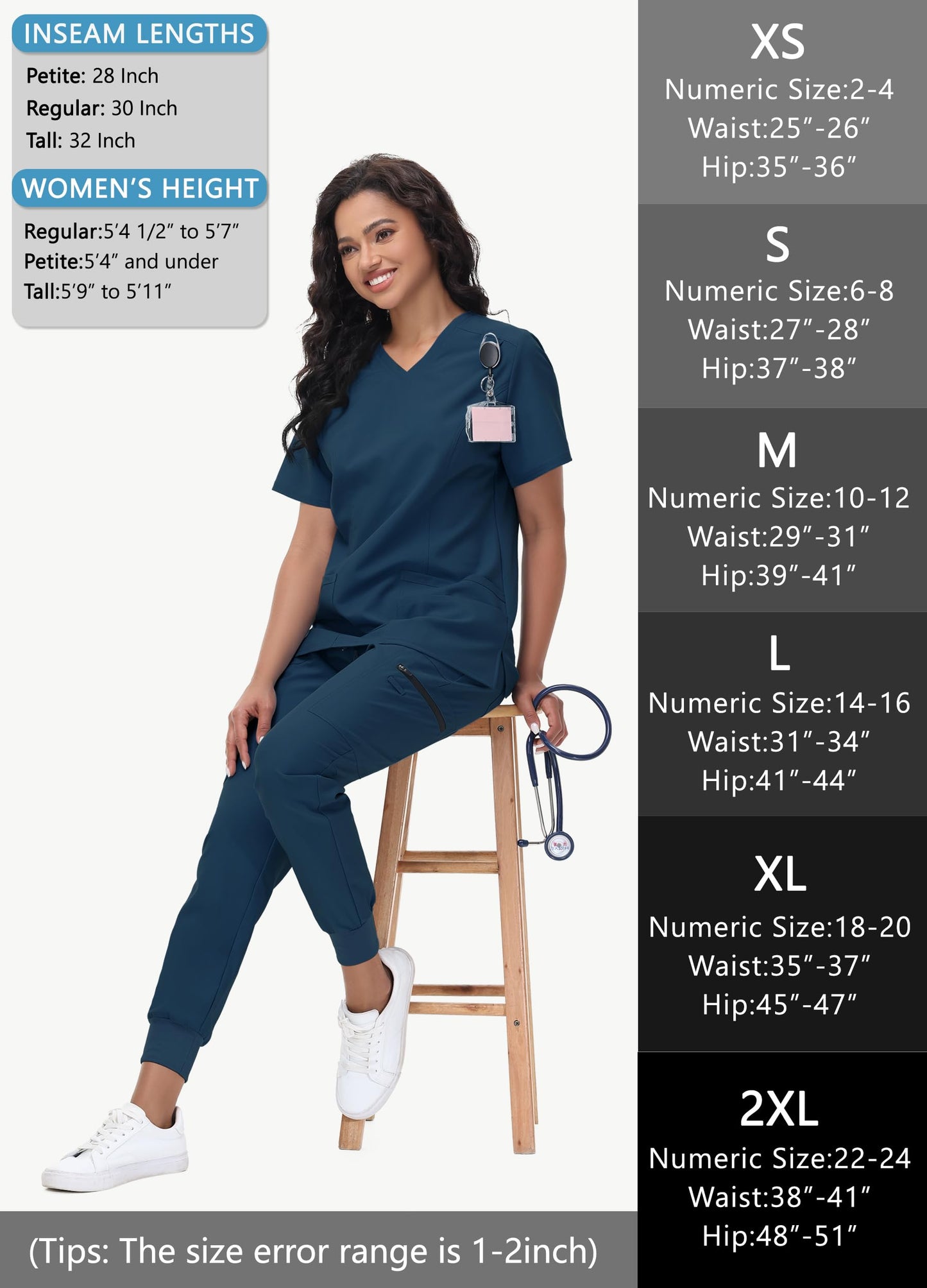 MIVEI High Waisted Jogger Style Scrub Pants for Women - 8 Pockets Medical Bottoms Tapered Yoga Waistband Ribbed Ankle Petite Navy