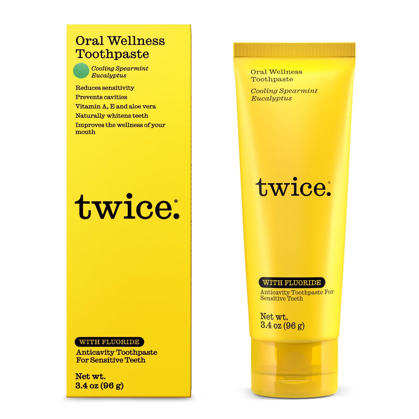 Twice Anti-Cavity Fluoride Toothpaste – Sensitivity Relief, Teeth Whitening & Fresh Breath – Cooling Spearmint Natural Toothpaste – 3.4 oz