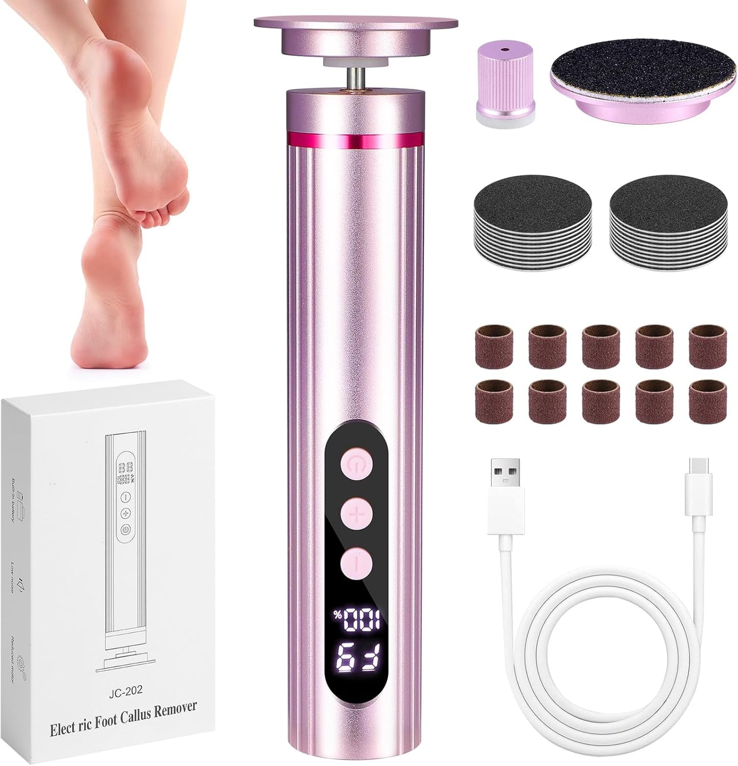 Electric Foot Callus Remover - 2 in 1 Rechargeable Pedicure Tool with 9 Speeds & Digital Display | Pink
