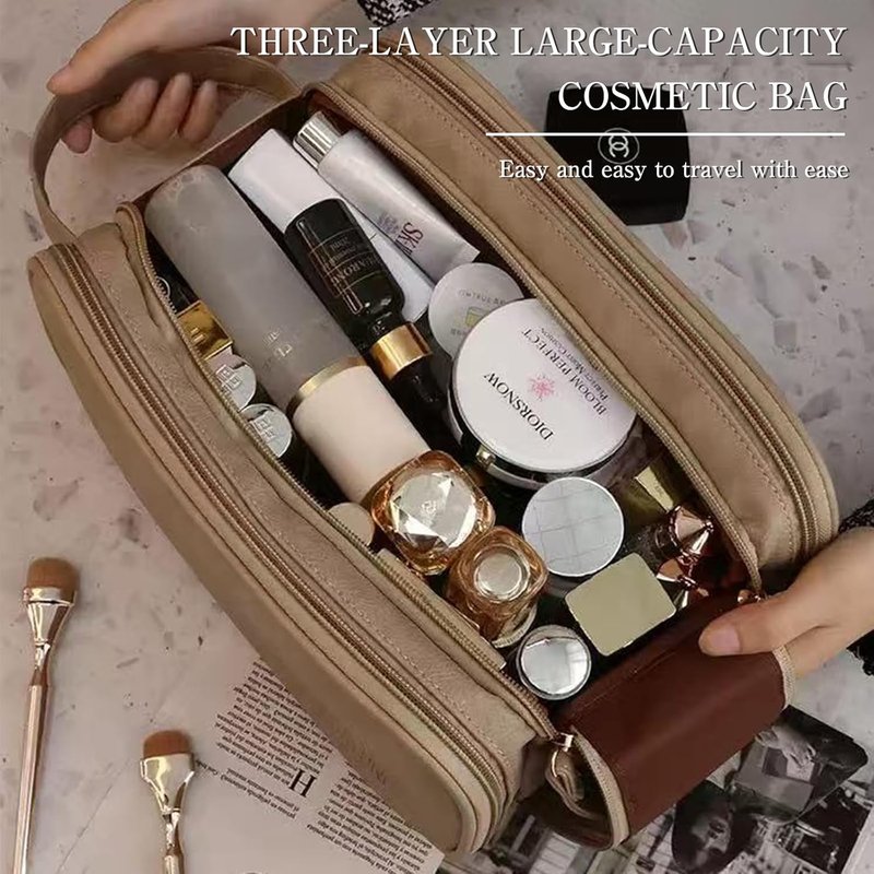 Large Capacity Makeup Toiletry Bag - 3-Layer Portable Organizer with Double Zippers | Light Brown