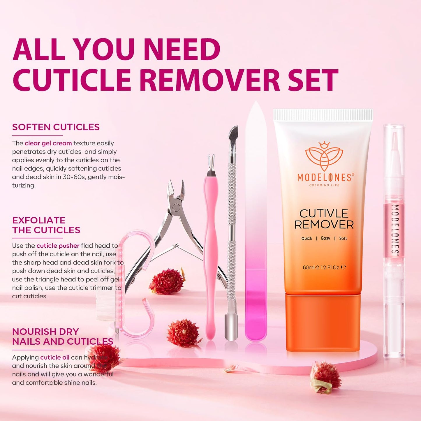 Modelones Cuticle Remover Kit Cuticle Remover Liquid & Cuticle Oil Pen Nail Kit w/Cuticle Trimmer Nail Stuff & File Cuticle Pusher & Nippers Manicure Kit for Women Nail Tools Manicure Set Nail Care