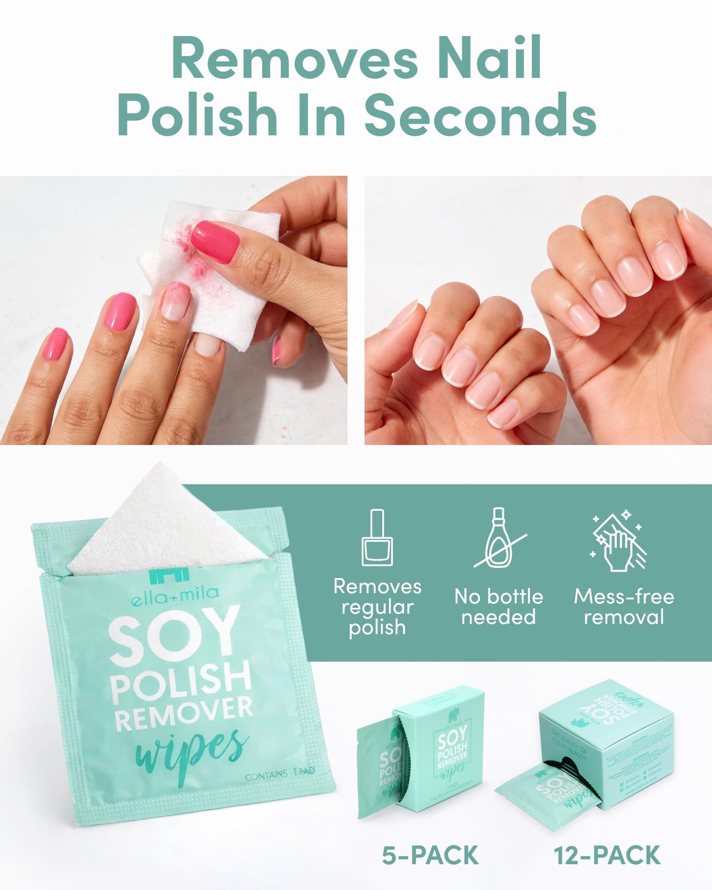 ella+mila Soy Nail Polish Remover Wipes - Non-Acetone, Non-Toxic Fingernail Polish Remover Pads - Travel Size, Individually Wrapped, Lint Free - Enriched with Vitamins (12 Pack)