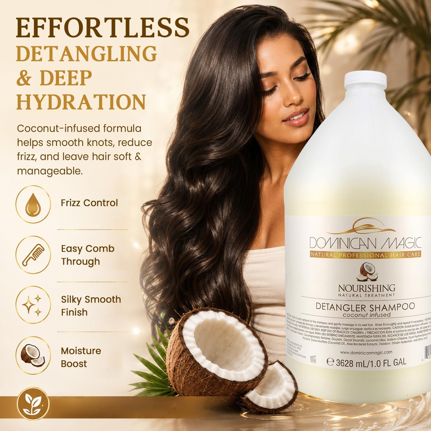 DOMINICAN MAGIC Detangler Shampoo – Coconut Infused (1 Gallon) | Hydrating & Smoothing Shampoo for Dry, Frizzy & Curly Hair | Deep Nourishment & Tangle-Free Finish