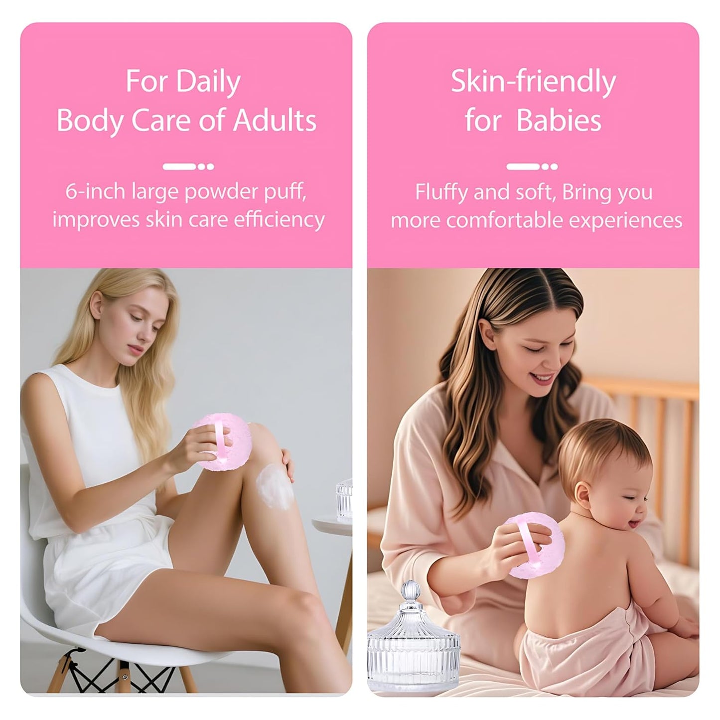 Extra Large Body Powder Puff & Crystal Glass Storage Jar - Dustproof Lid, Soft & Reusable Fluffy Puff for Skin Care