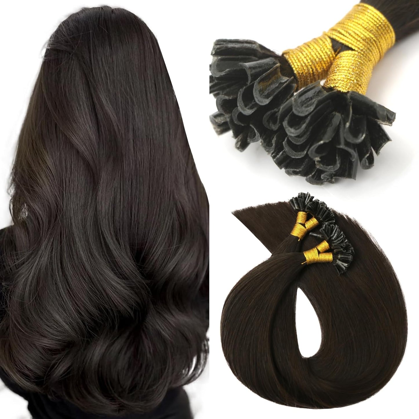 U Tip Hair Extensions - Real Human Hair, Darkest Brown, 14 Inch | Keratin Fusion, 40g, Natural Straight