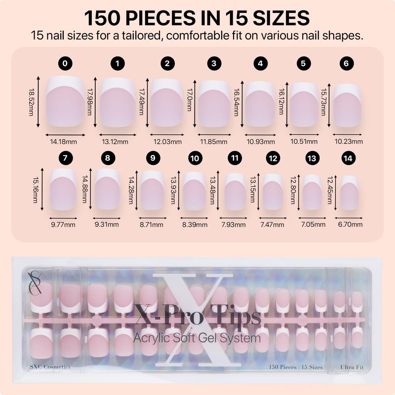 French Tip Press On Nails - Pink Extra Short Square | 150 Pieces in 15 Sizes with Pre-Applied Primer and Base Coat