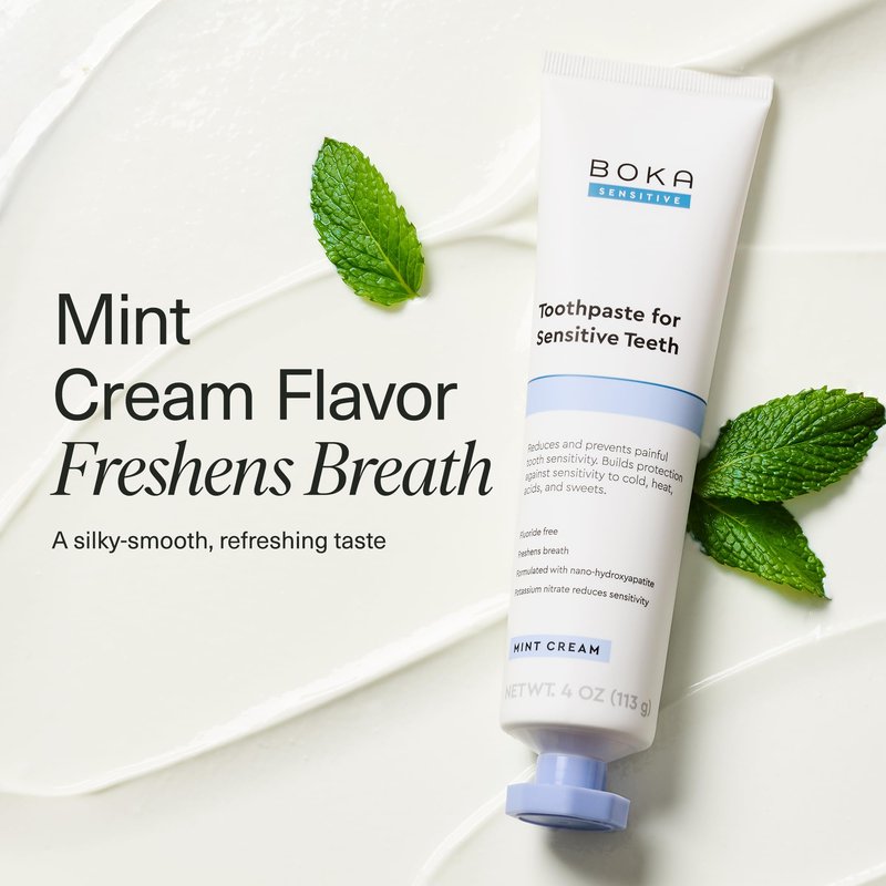 Boka Sensitive Toothpaste - Fluoride Free, 5% Potassium Nitrate, Nano Hydroxyapatite, Sensitive Teeth Relief for Tooth Sensitivity and Protection for Adults - Mint Coconut Cream, 4 Fl Oz, 1 Pk