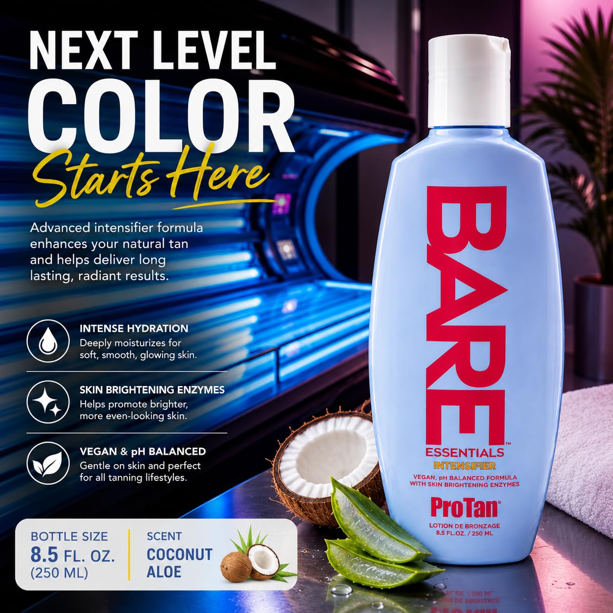 Pro Tan Bare Essentials Intensifier Tanning Lotion 8.5 fl oz – Vegan pH Balanced Formula with Aloe, Coconut Oil, Jojoba & Vitamins – Indoor Outdoor Tan Enhancer with Skin Brightening Enzymes