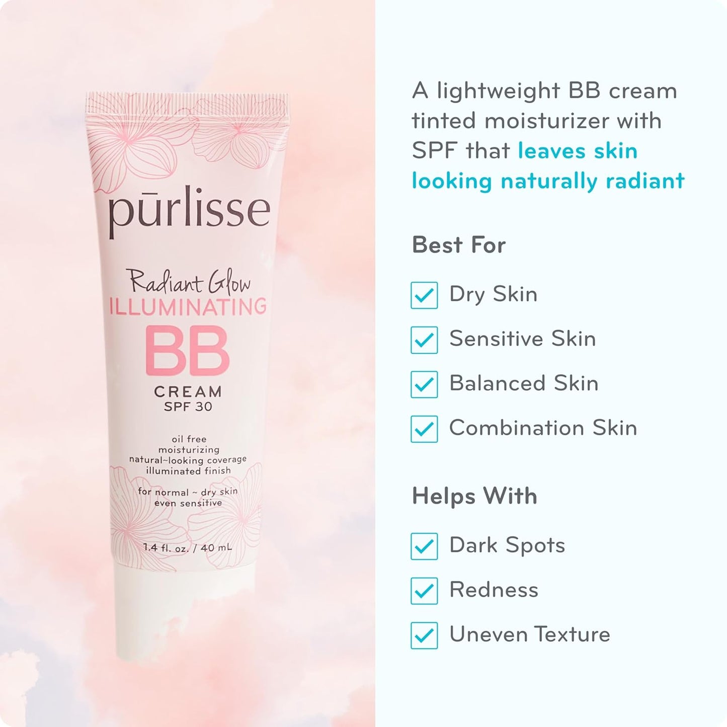 Pūrlisse Radiant Glow BB Cream with SPF 30 - Illuminating Formula with Goji & Hawthorn Berry for Dewy Skin | Fair (1.4 oz)
