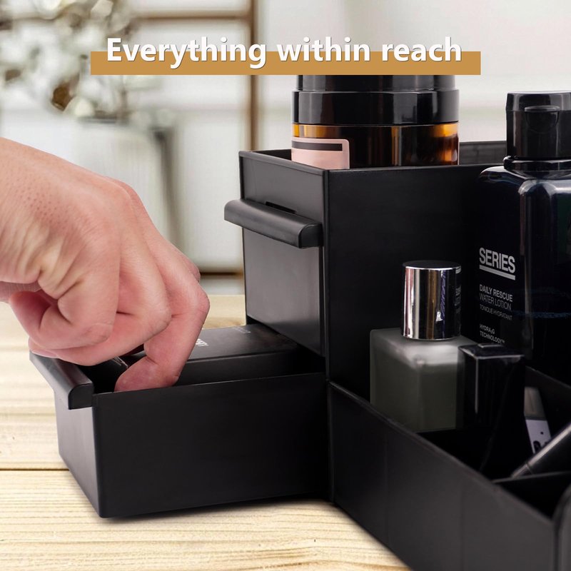 Decorcode Black Vanity Organizer with Drawers – Large Mens Countertop Storage Box for Cologne, Skincare, Makeup, Perfume – Waterproof Dresser Organizer for Bathroom, Bedroom, Desk