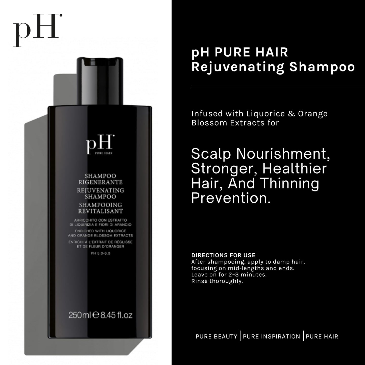 pH PURE HAIR Rejuvenating Hair Growth Shampoo for Thinning & Loss Treatment - Natural Sulfate-Free Shampoo Formula with Licorice & Orange Blossom Extracts - 8.45 oz