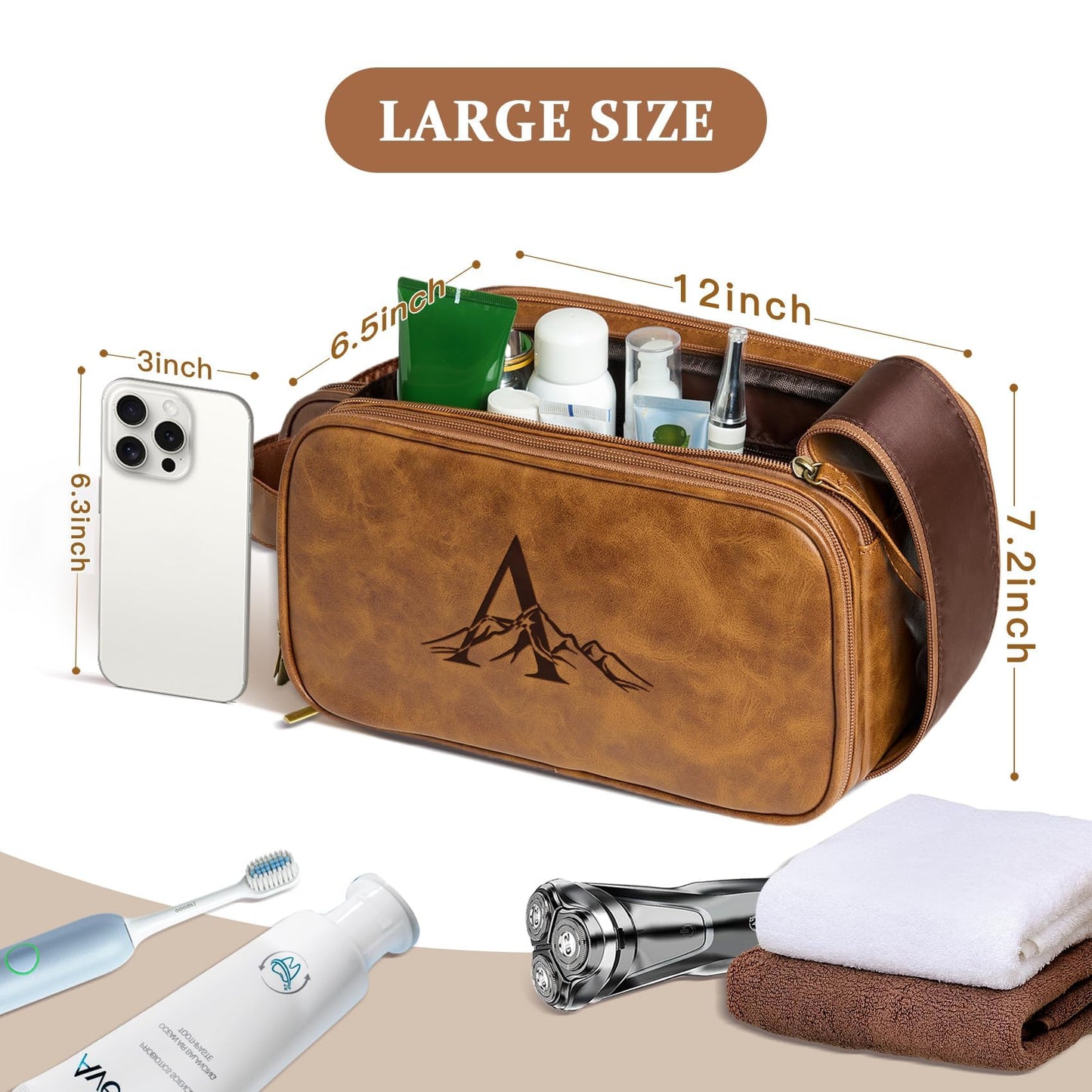 Janhavi Shaving Bag for Men Travel Waterproof, Engraved Initials & Mountain, Makeup Organizer, Groomsmen Gifts, Mens Toiletry Travel Bag, Men's Accessories Organizer, Gifts for Him(Brown L)