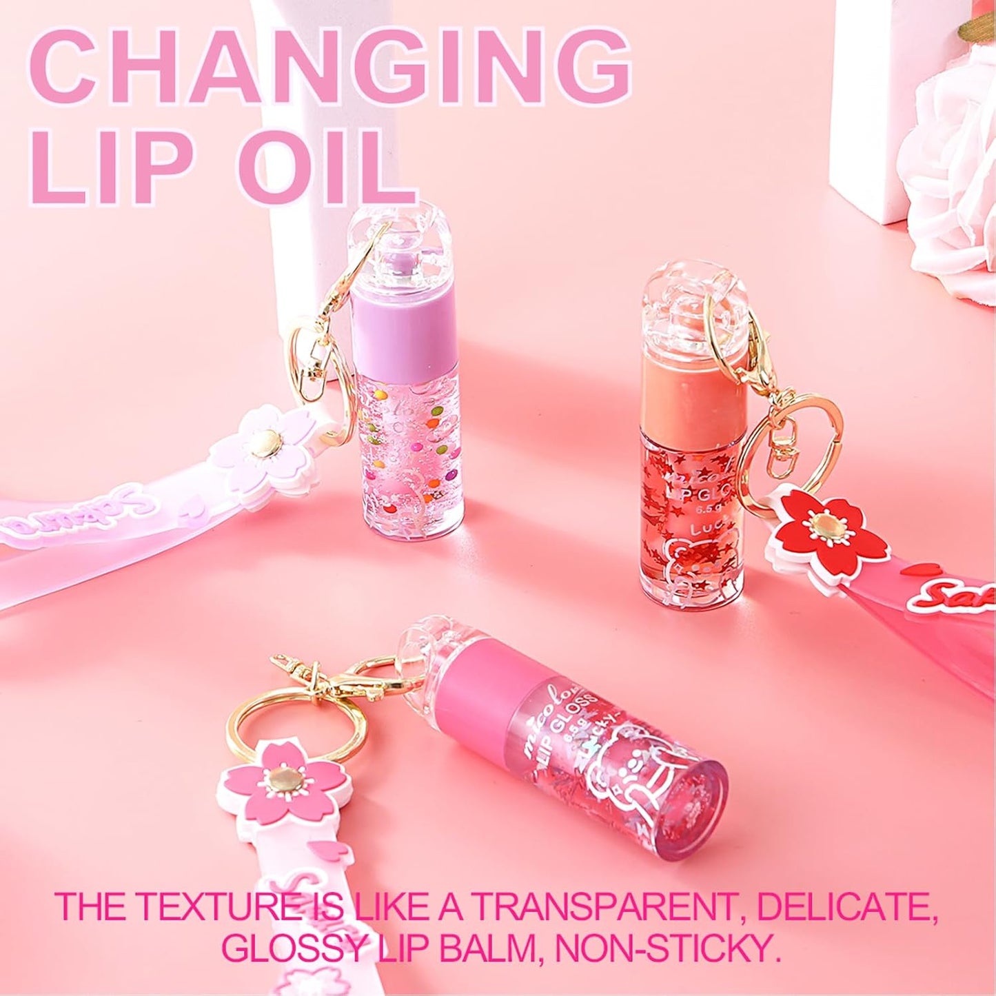 Hydrating Lip Gloss Set - Glossy Shimmer Finish | 3 Colors with Natural Moisturizing Formula & Sakura Keychain Design