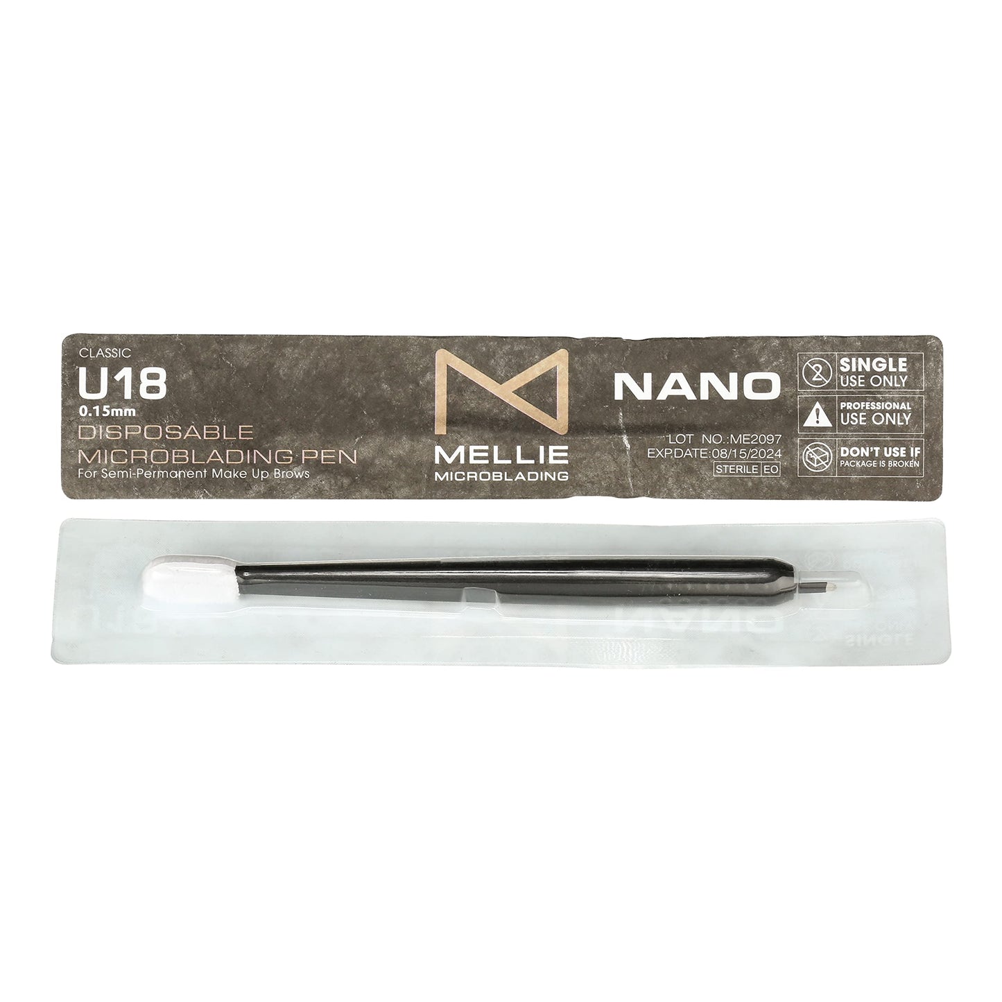 PACK OF 10 - Mellie Microblading Disposable Microblading Pen with Pigment Sponge Disposable Tool For Creating Eyebrows Microblading Supplies (Black, U18 NANO .15mm)