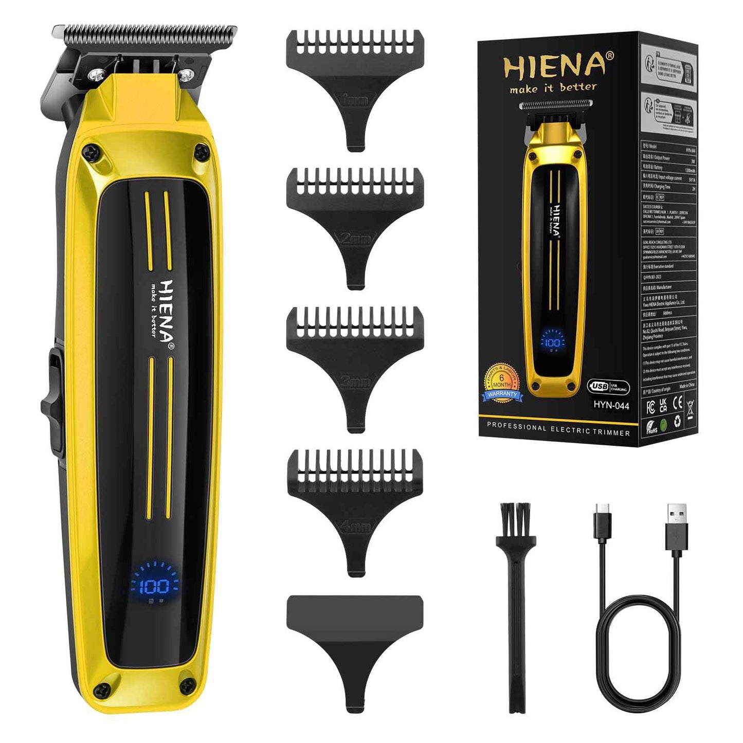 HIENA PRO Professional Electric Hair Trimmer for Men, Cordless Clipper Barber Haircut Tool with USB, Rechargeable T-Blade Precision Beard Trimmer, Perfect Gifts for Men(Gold)
