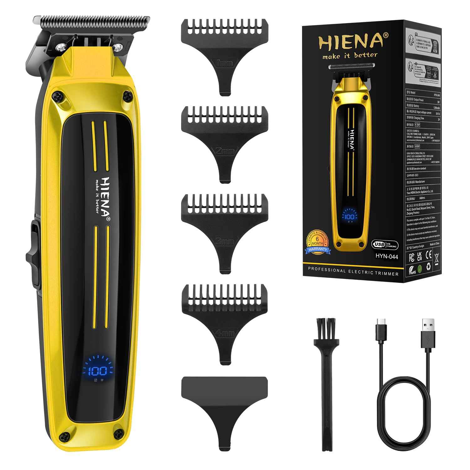 HIENA PRO Professional Electric Hair Trimmer for Men, Cordless Clipper Barber Haircut Tool with USB, Rechargeable T-Blade Precision Beard Trimmer, Perfect Gifts for Men(Gold)