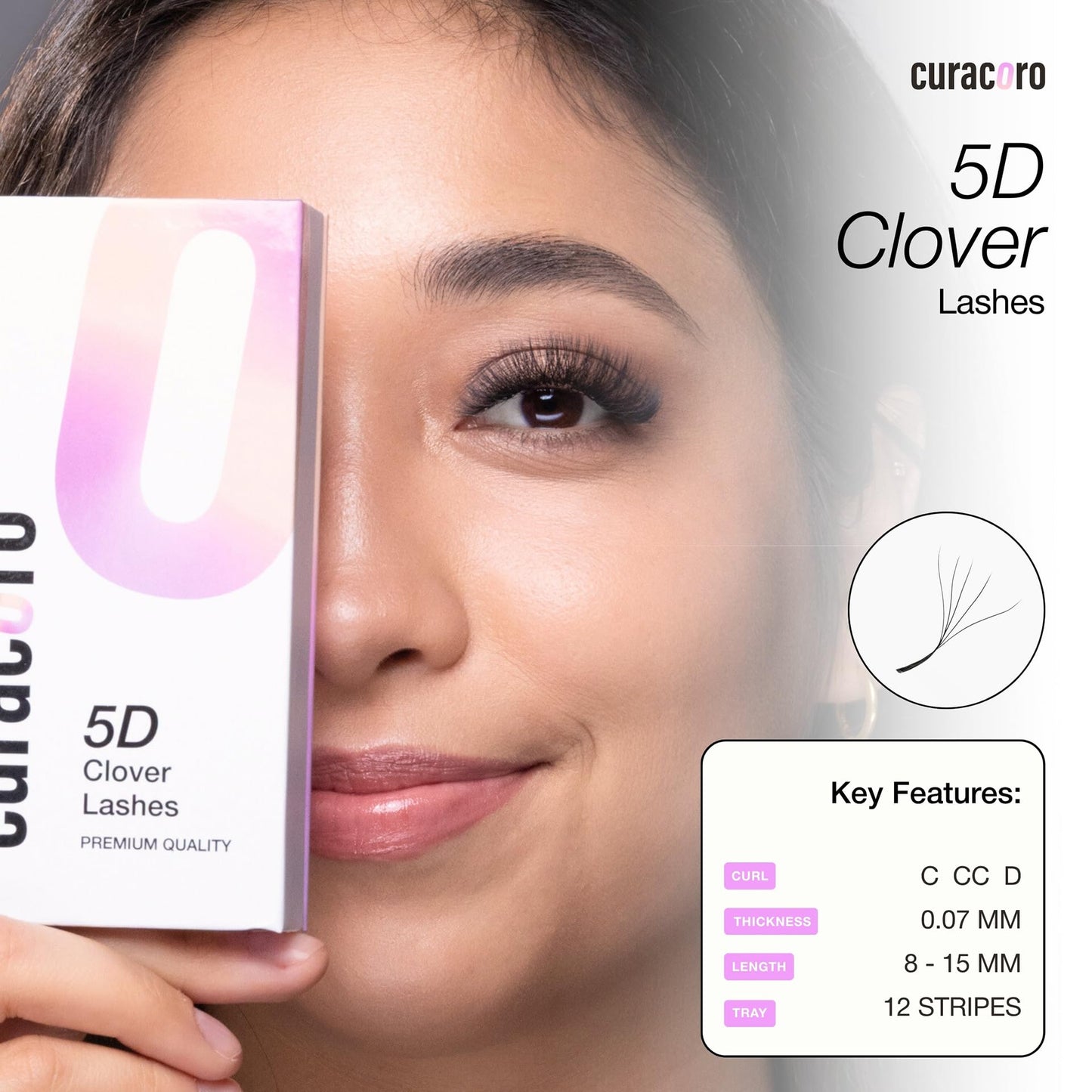Curacoro 5D W-Shaped Clover Eyelashes Extension, 0.07 CC Curl, 8mm-15mm Length, Individual Eyelash Extensions, Easy Application & Long Lasting