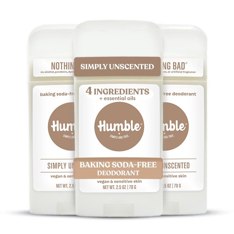 Humble Aluminum-Free Deodorant for Women & Men, Simply Unscented - Baking Soda-Free Natural Deodorant Stick for Sensitive Skin with Essential Oils for Long-Lasting Odor Control, 2.5 Oz (Pack of 3)