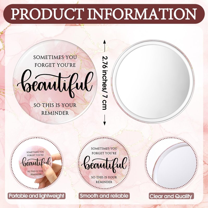 Cinnvoice 50 Sets Pink Mirror Gifts for Women Inspirational Mini Compact Mirror Bulk Small Round Pocket Makeup Graduation Gifts for Teacher Nurse Team Students Coworker (Beautiful)
