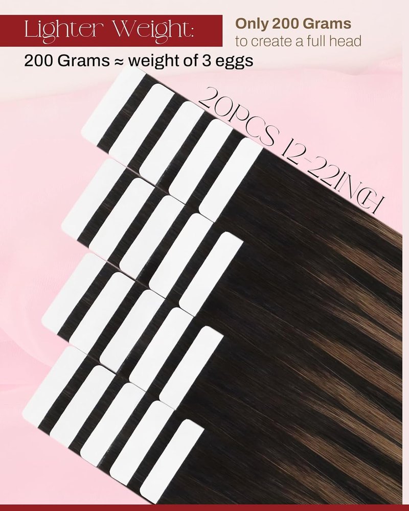 Tape In Hair Extensions - Human Hair Balayage Brown Rooted - 18 Inch, 20pcs, 50g