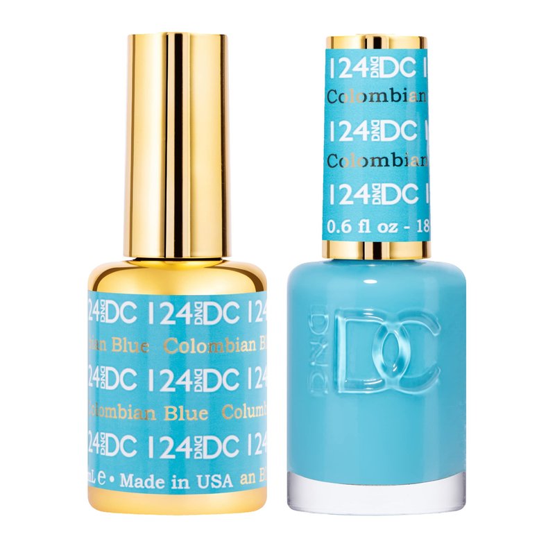 DND DC Gel Polish Set, Blue Collection, UV/LED Gel Polish and Air Dry Nail Lacquer, Matching Chip-Free Polish Duo, 124 Columbian Blue, 0.5 Fl Oz