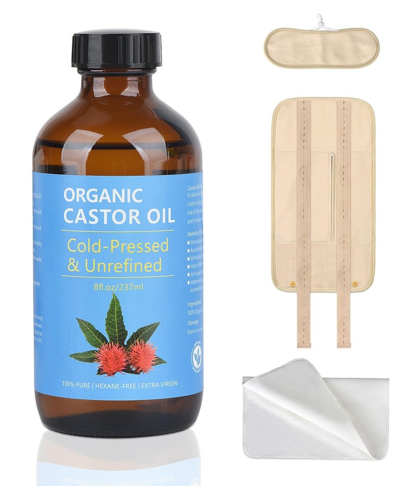 VRJEUGO Castor Oil Organic Cold Pressed Unrefined, Amber Glass Bottle with Castor Oil Pack Wrap and Cotton Flannel Cloth for Body, 8oz/237ml