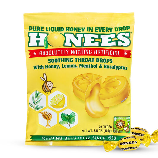 Honees Filled Honey Lemon Cough Drops- Filled with Honey, Menthol, Lemon and Eucalyptus - Nothing Artificial -Natural Sore Throat Lozenges- Non-GMO (1 Pack – 20 Drops)