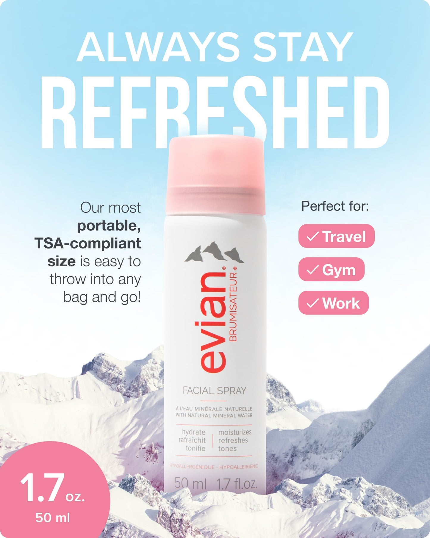 Evian Facial Spray 1.7 oz, Hydrating Mineral Water Mist for Face & Skin, Refreshes Makeup and Tones Skin, TSA-Approved Mini Facial Spray to Hydrate and Support On-the-Go Skincare