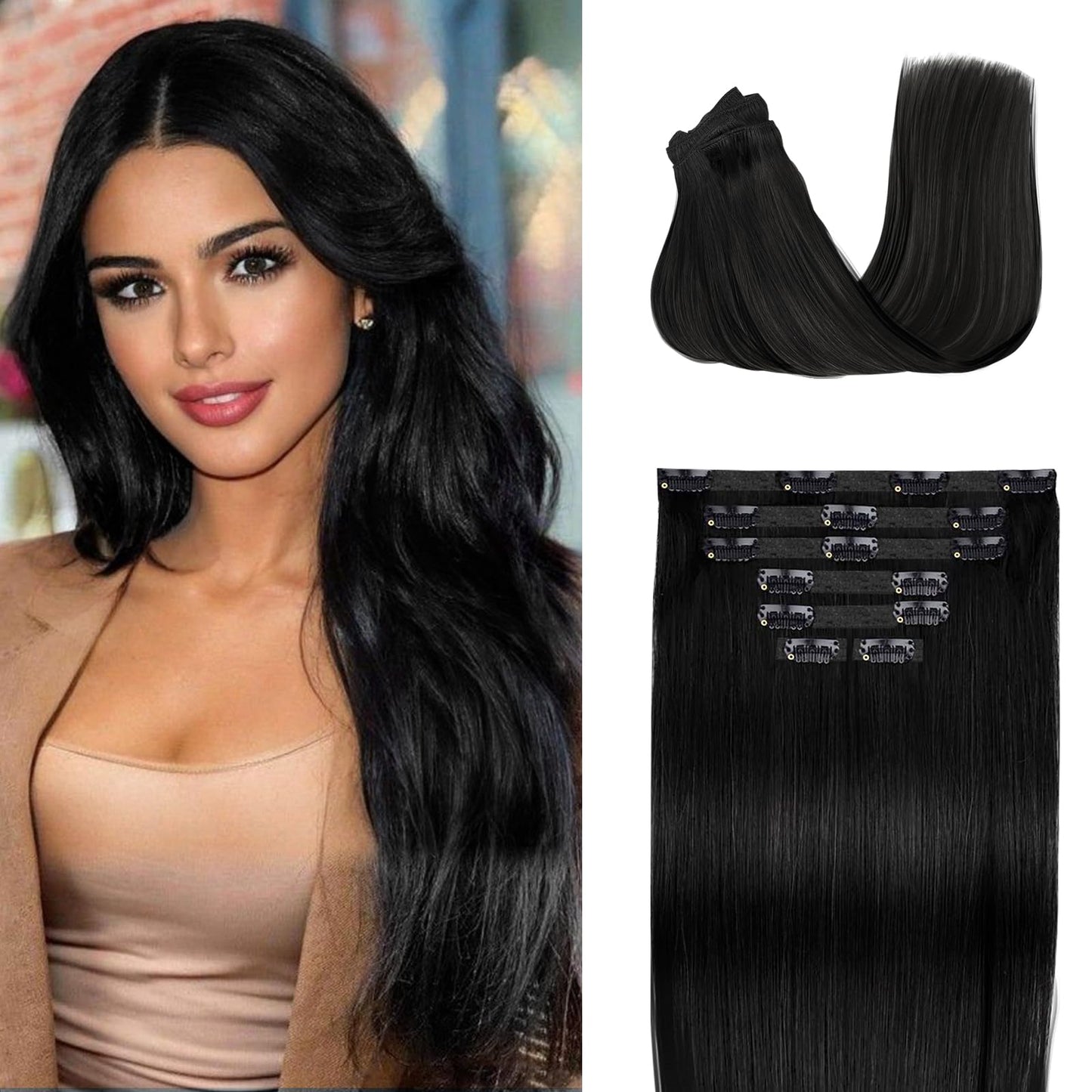 Fimislosion Real Hair Extensions Clip in Human Hair, Seamless Clip in Hair Extensions Real Human Hair, 14 Inch Clip ins extensions for women, Natural Black 120G 7Pcs