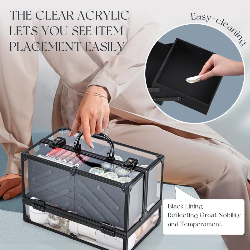 FRENESSA Portable Makeup Case Cosmetics Display Cases Toiletry Organizer Box Transparent Acrylic Artists Train Case with 6 Trays Travel Makeup Tools Storage for Vanity Counter Dresser Organizer Black