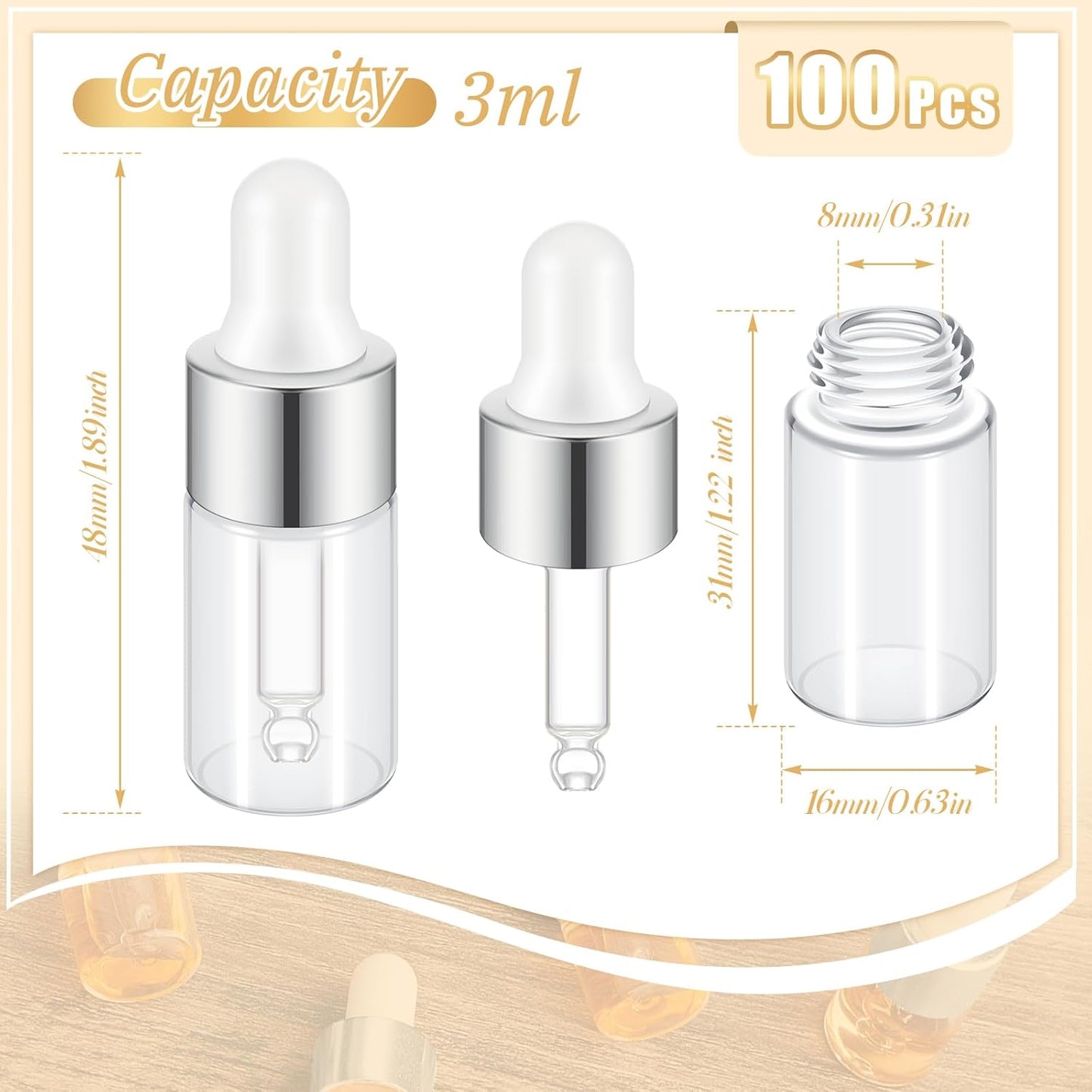 Mini Glass Oil Dropper Bottles - 100 Pcs 3ml Clear Essential Vials for Travel | Perfect for Perfume & Samples
