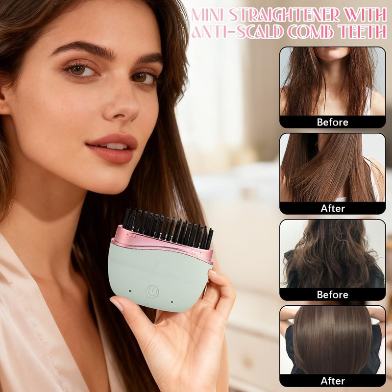 Mini Straightener, New Cordless Rechargeable Portable Hair Straightener Brush, 3-Speed Temperature Control, Anti-Scald Shell, Lightweight & Portable Travel (White)