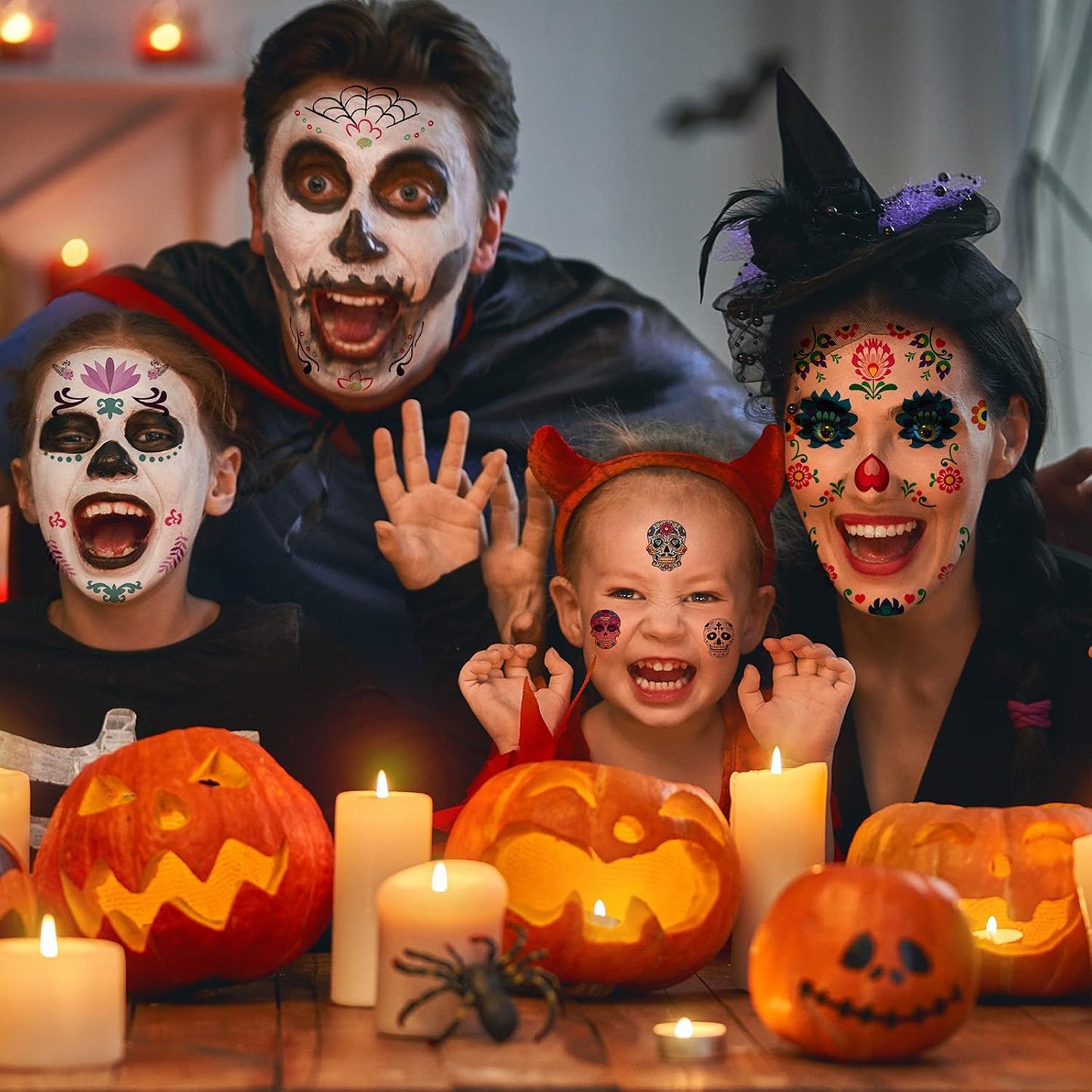 12 Sheets Halloween Face Tattoos - Day of the Dead Sugar Skull Designs | Large Temporary Tattoos