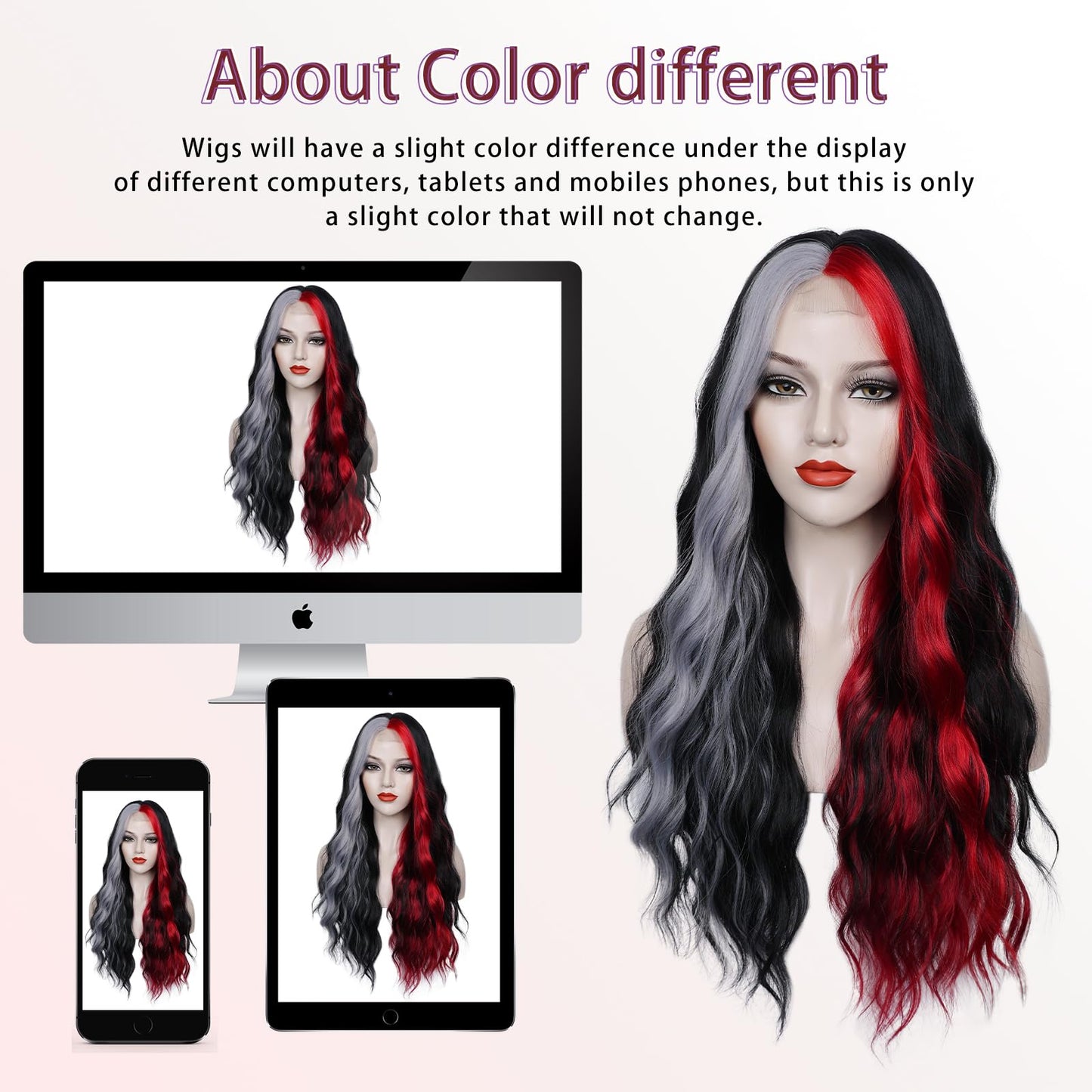 WECAN Black Red Gray Wig 28 Inches Long Black Red Wavy Wigs For Women Synthetic Hair Replacement Wigs Halloween Cosplay Daily Party Heat-Resistant Fiber Wig