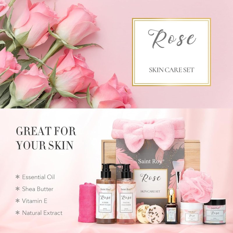 Spa Gift Set for Women - Self-Care Rose Bath & Body Kit | Includes Body Wash, Clay Mask & Essential Oil