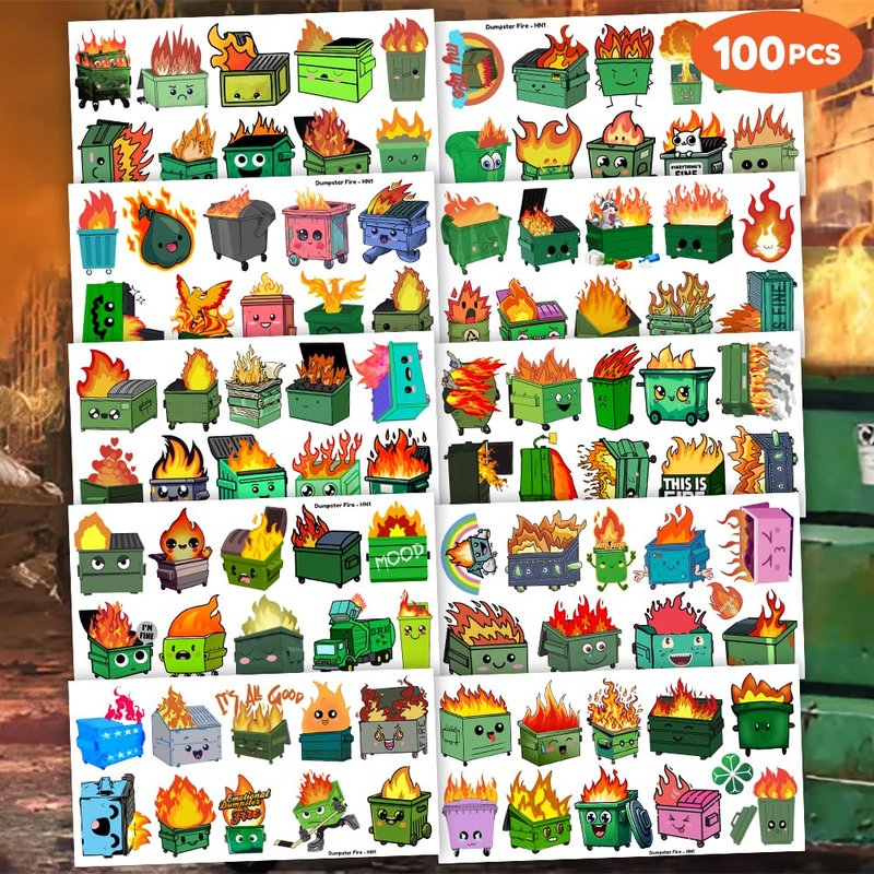 96PCS Dumpster Fire Temporary Tattoos Themed Birthday Party Favors Decorations Supplies Funny Garbage Trash Bin Firetruck Tattoo Stickers Gifts For Kids Boys Girls School Prizes Carnival Christmas