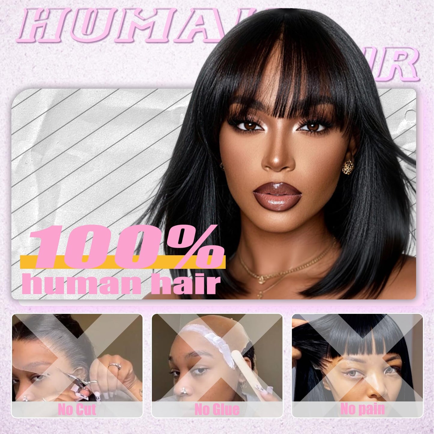 Bob Human Hair Wig With Bangs Wear and Go Glueless Wig 180% Density