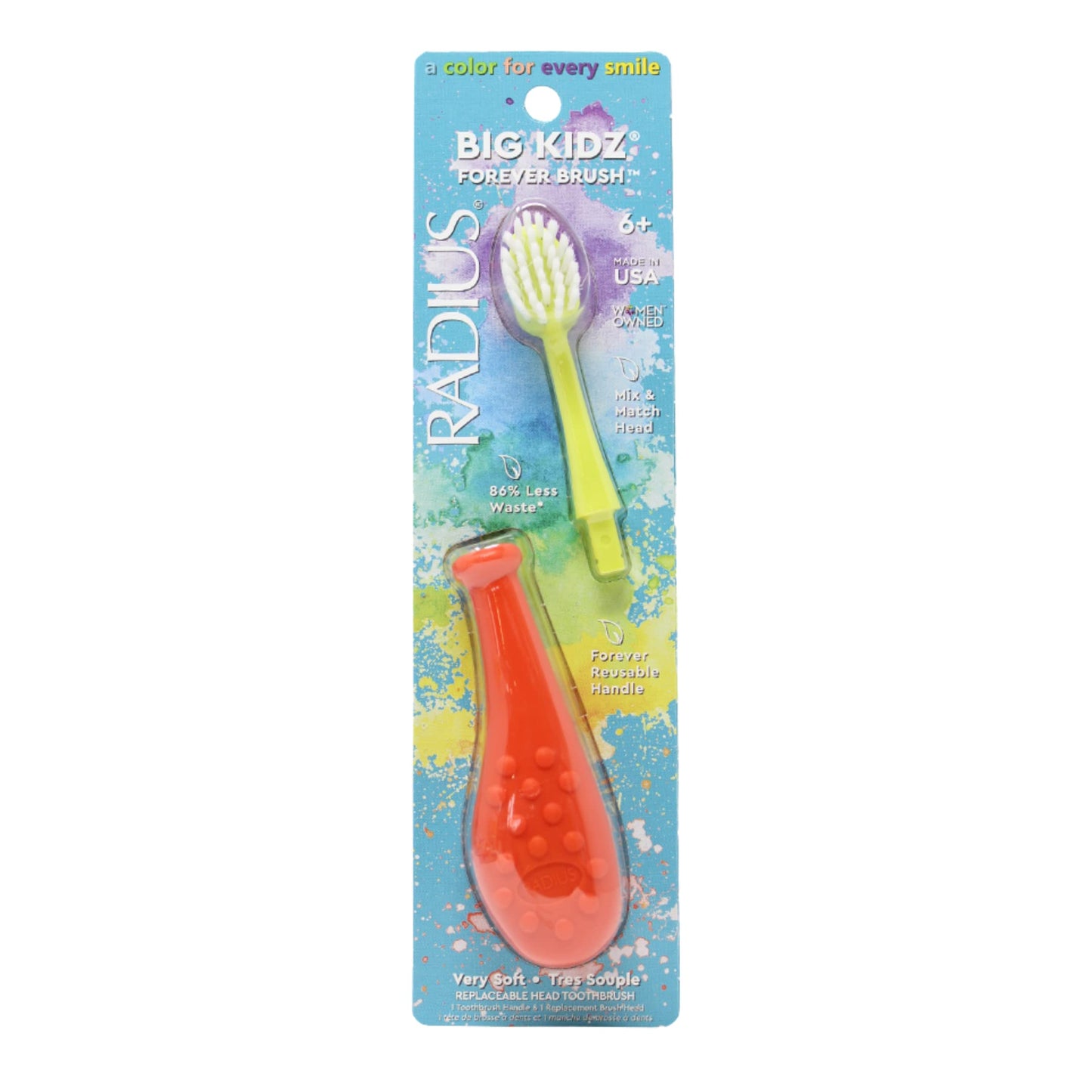 Radius Big Kidz Forever Brush with Replaceable Head Toothbrush for Children, 6 Years and Up, BPA Free ADA Accepted for Growing Teeth and Gums - Right and Left Handed, Extra Soft