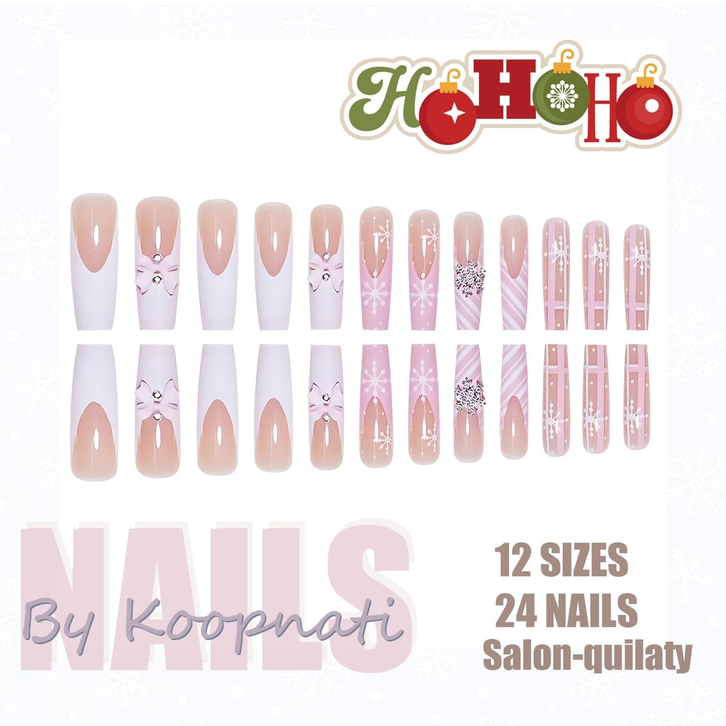 Christmas Press On Nails Medium Square Pink French Tip Fake Nails with Glue Winter Snowflake Bow Glitter Design,Christmas Nails Long False for Women Holiday Xmas Gifts