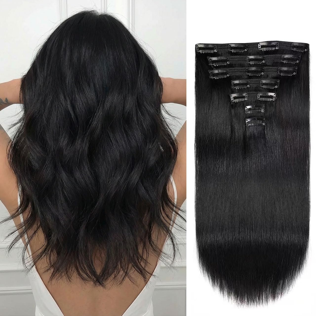 Jiameisi Clip in Hair Extensions Real Human Hair, 14inch Remy Human Hair Extensions Double Weft 70g 7pcs, Natural Straight Hair Clip ins for Women, Ideal for Daily, Party, Wedding Looks #1 Jet Black
