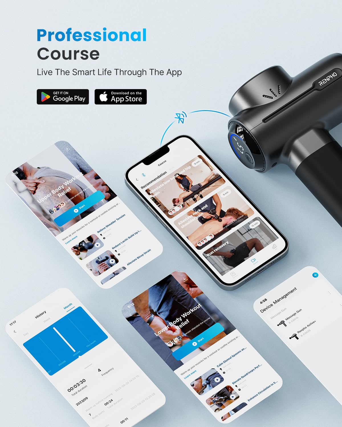 RENPHO Active+ Thermacool Massage Gun with Heat & Cold, Fathers Day Dad Gifts, App Control with Video-Guided Courses, Deep Tissue Handheld Massager for Back and Neck, 5 Speeds, 5 Heads, Carry Case