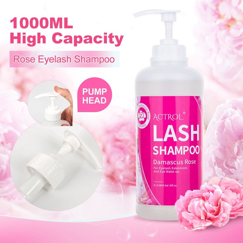 ACTROL Eyelash Extension Cleanser Rose 1L Natural Lash Extension Shampoo Professional Eyelid Foaming Cleanser Paraben & Sulfate Free Non-lrritating with Salon and Home Care