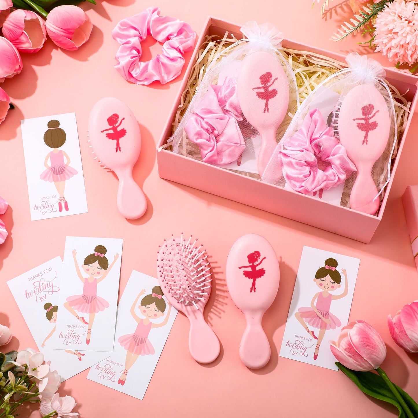 Shellwei 30 Pcs Ballerina Party Favors Include 10 Velvet Hair Scrunchies 10 Portable Comb 10 Ballet Thank You Cards Dance Recital Gifts for Summer Ballet Birthday Party Favors(Pink)