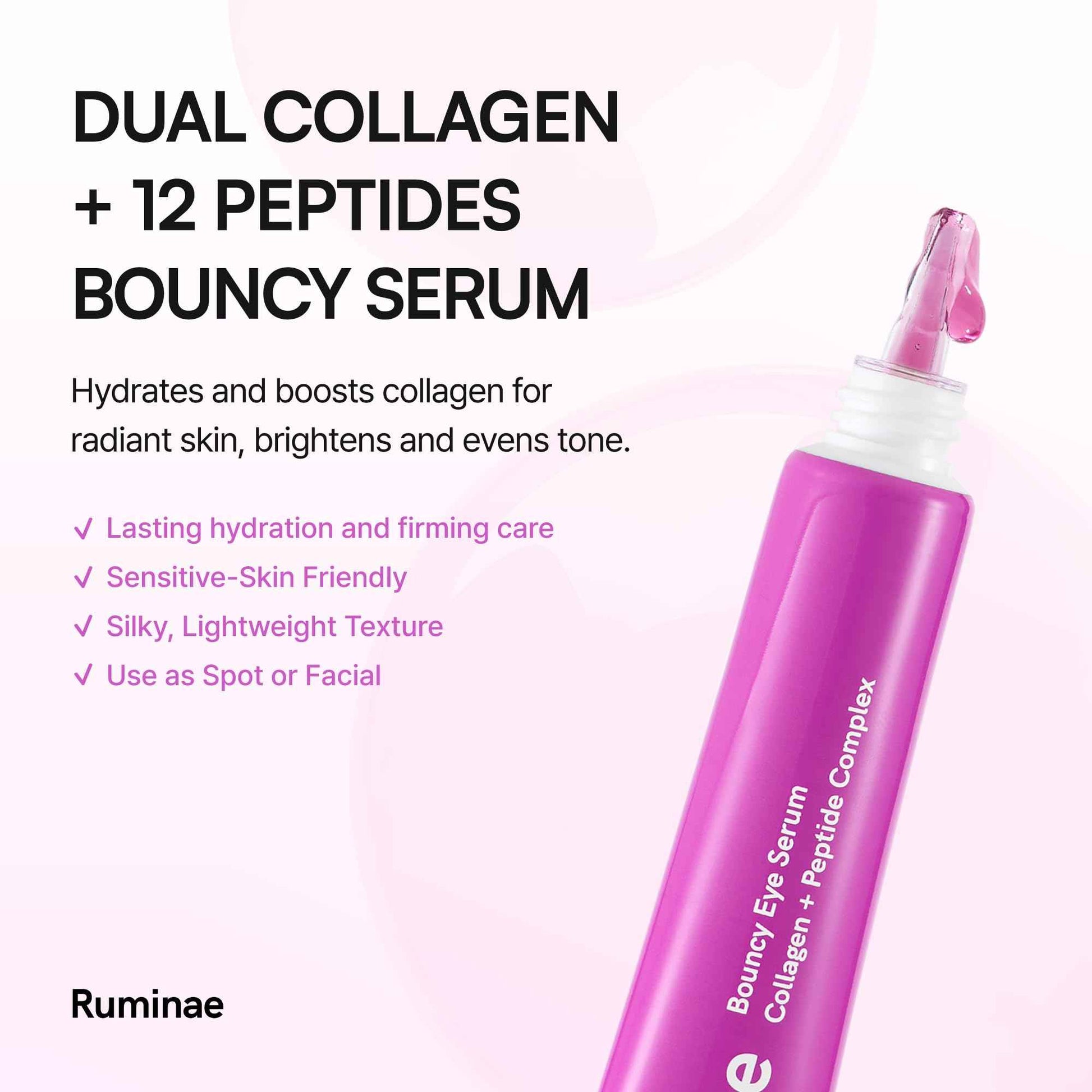 Ruminae Bouncy Eye Serum | Dual Collagen + Peptide for Firm, Hydrated, and Bright Under Eyes | Korean Lightweight Jelly Texture | Puffiness & Dark Circle | Fragrance-Free, Sensitive Skin Safe | 30 ml