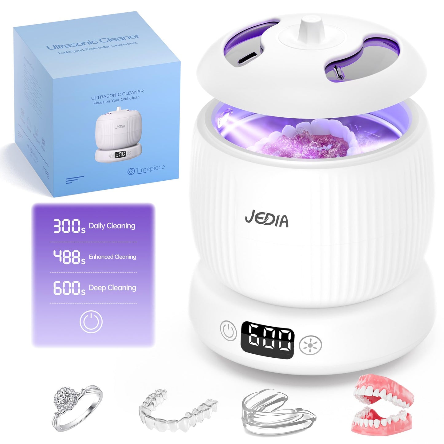 JEDIA Ultrasonic Retainer Cleaner – Detachable Denture Cleaner Machine with 4 Modes, 45kHz & Double Openable Windows Retainers Pod for Mouth Guard, Jewelry & Braces, 180ML Capacity – White