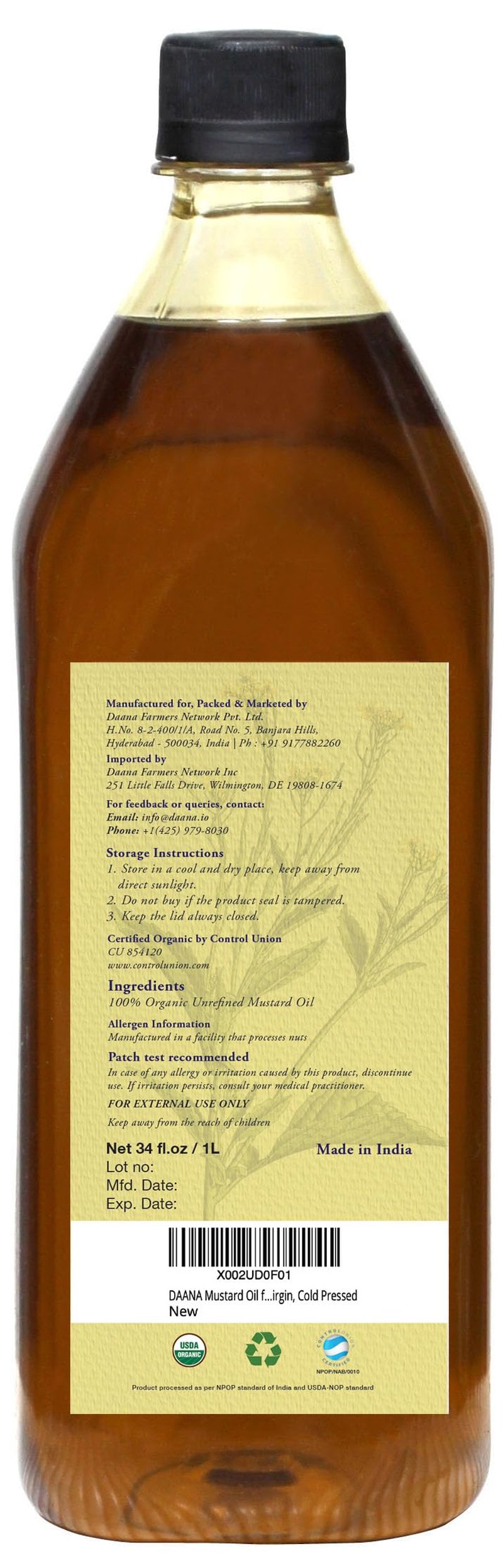 DAANA Mustard Oil for Skin: Certified USDA Organic, Extra Virgin, Cold Pressed (34 Fl Oz)