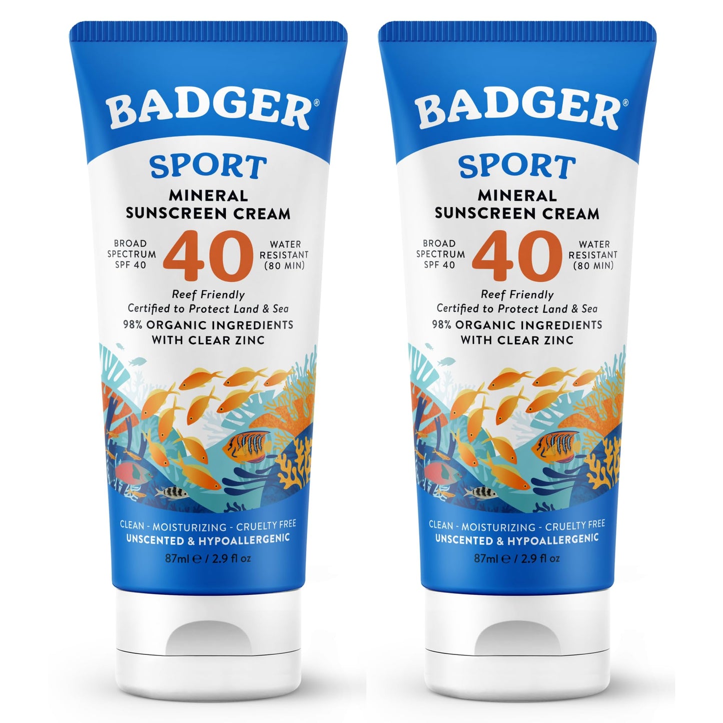 Badger Sport Mineral Sunscreen, Reef Safe, SPF 40, 98% Organic with Zinc Oxide, Water Resistant, Hawaii Reef Act 104 Compliant, Unscented & Hypoallergenic, For Sports & Adventures, 2.9 fl oz, 2-Pack
